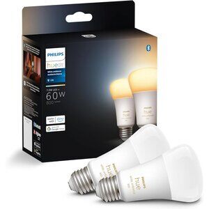 Philips Hue White A19/E26 60W Equivalent 800 Lumen 7.5W LED Smart Bulb 2 Pack